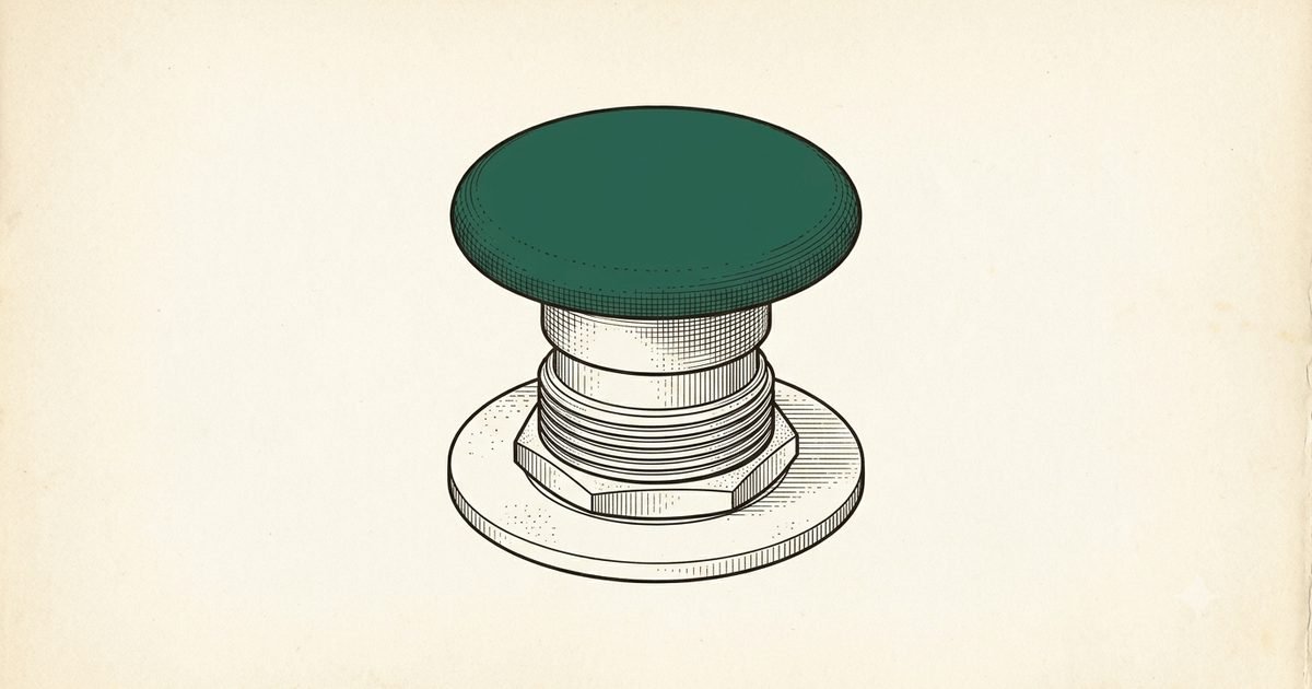 A detailed drawing of an industrial emergency-stop button with a pine-green cap — a kill switch.