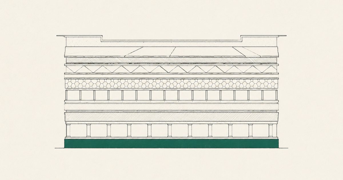 Architectural cross-section of a building, its foundation drawn in green — security as the layer everything rests on.